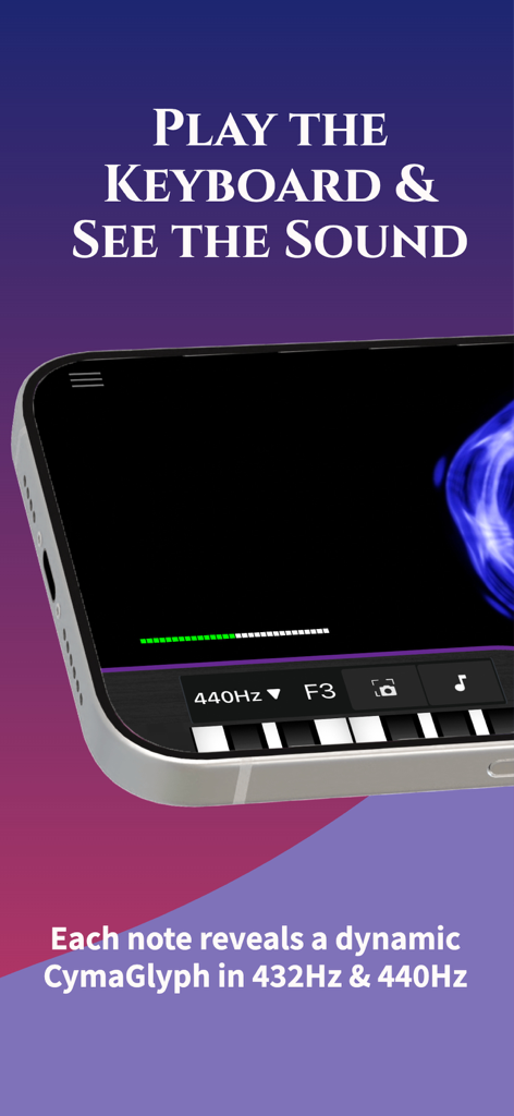 CymaScope - Interface do aplicativo CymaScope mostrando um teclado de piano e um CymaGlyph dinâmico azul visualizando frequências sonoras.