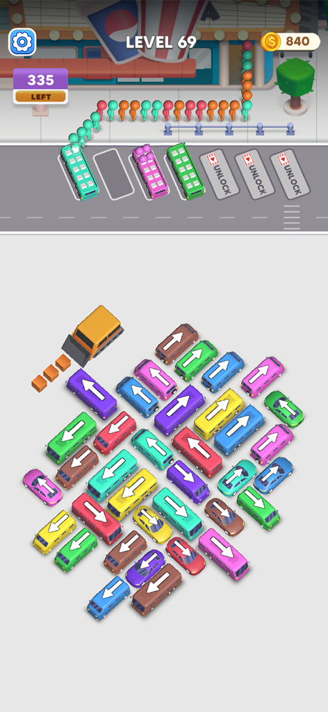 Bus Crazy: Jam Escape - Gameplay of Bus Crazy Jam Escape showing colorful buses and passengers in a parking jam puzzle level