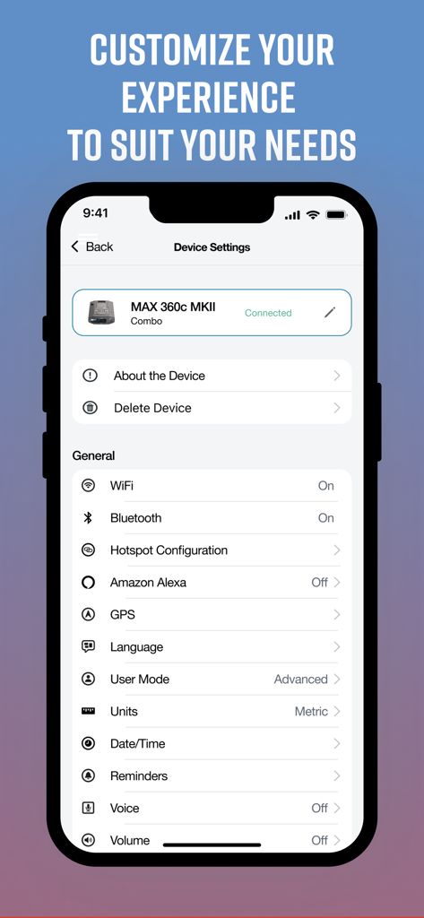 Drive Smarter app device settings screen showing customization options for a connected Max 360c MKII radar detector