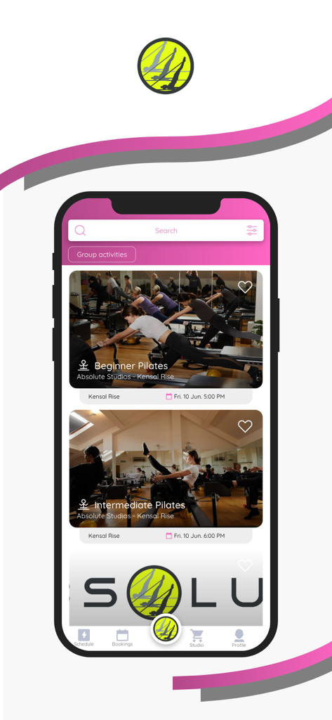 Absolute Studios - Absolute Studios app interface displaying beginner and intermediate pilates class schedules for booking