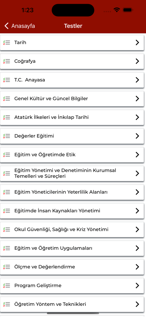 EKYS - Liste der Studienthemen und Tests in der mobilen EKYS-Prüfungsvorbereitungs-App