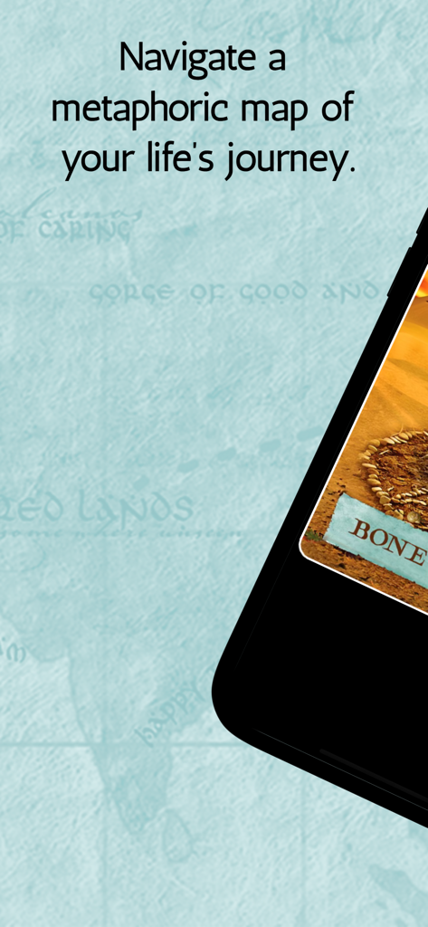 Uma tela de smartphone do aplicativo Oráculo do Mapa Encantado exibindo texto de orientação sobre a jornada espiritual.