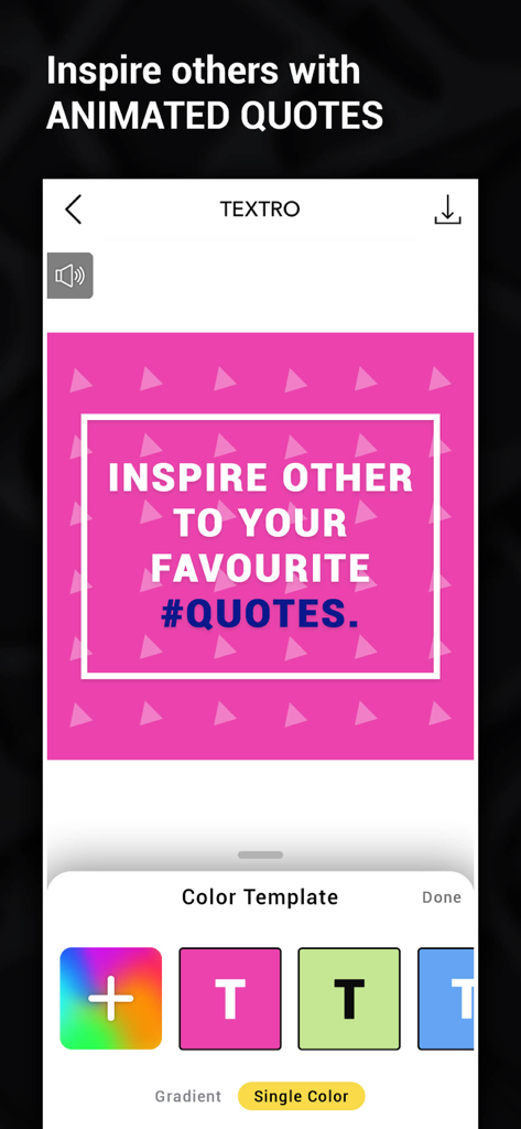 Textro - Animated Text Videos - Animated quote editor interface in Textro app with color selection menu