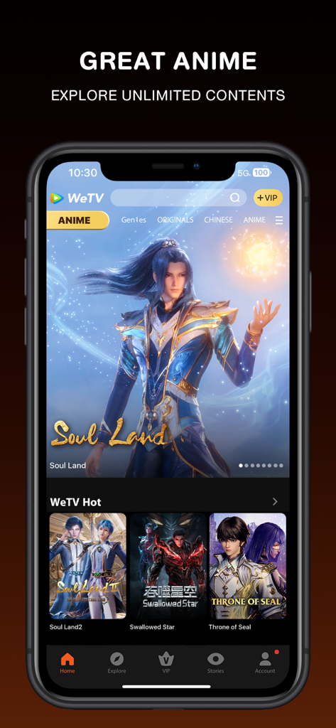 WeTV mobile app screen showcasing popular Chinese anime titles like Soul Land and Swallowed Star.