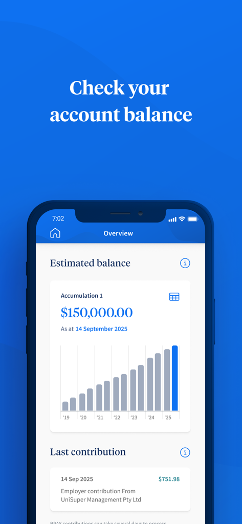 UniSuper mobile app interface showing estimated account balance with growth chart and latest contribution details.