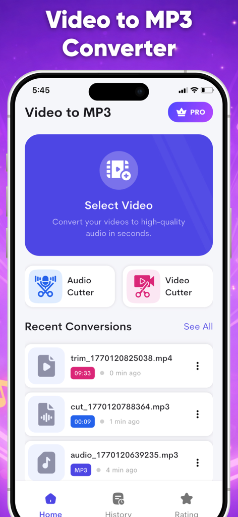 Video to MP3 Converter 2026 - L'écran d'accueil de l'application Convertisseur Vidéo en MP3, proposant des options pour sélectionner des vidéos et découper des extraits audio.