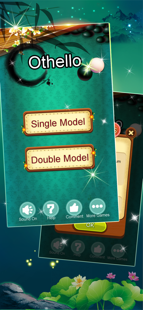 Main menu of the Othello anti-chess mobile game featuring single and double player mode buttons over a Zen themed background