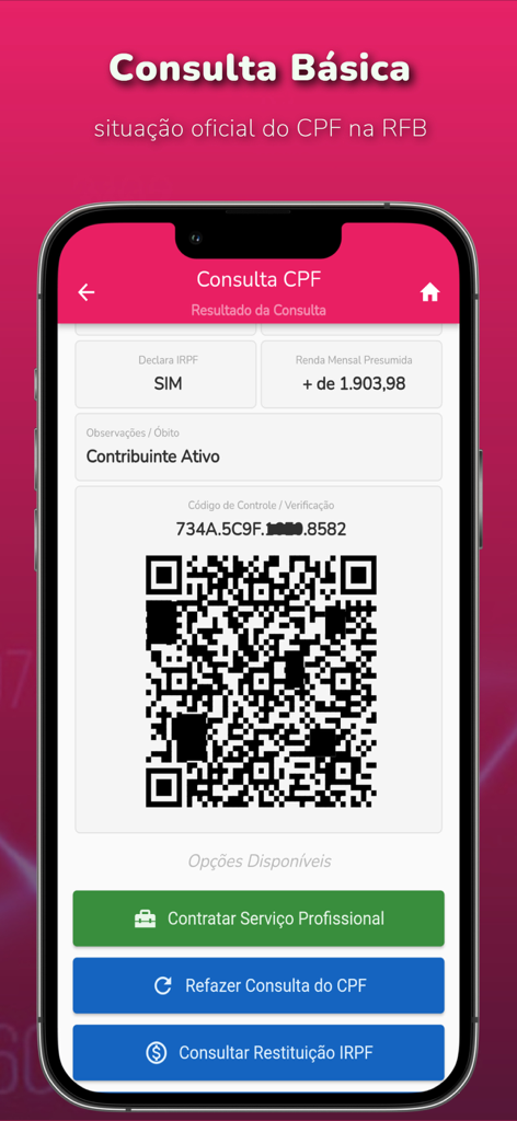 Mobile app screen showing official Brazilian CPF query results with active status and a QR code for verification