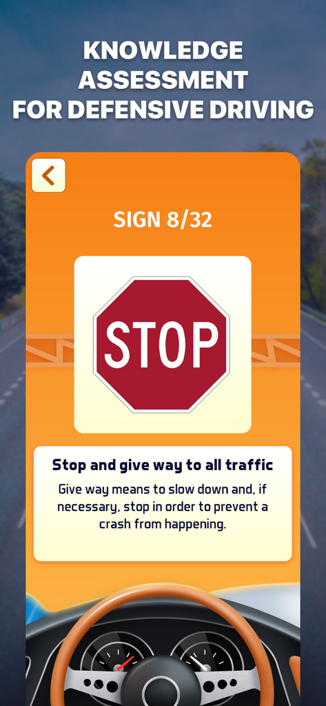 Road Signs AI: Test & Theory - Road Signs AI app showing a stop sign with a defensive driving explanation