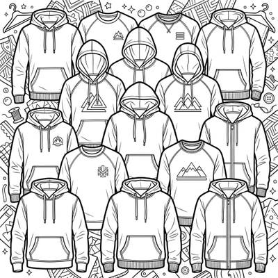 Dive into the world of casual fashion with this dynamic coloring page featuring an array of men's hoodies and sweatshirts. From classic crewnecks to stylish hooded designs, each garment offers a unique opportunity for creative expression.