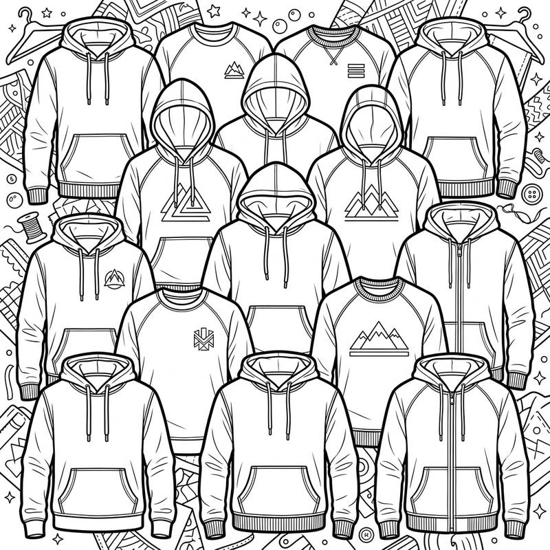 Dive into the world of casual fashion with this dynamic coloring page featuring an array of men's hoodies and sweatshirts. From classic crewnecks to stylish hooded designs, each garment offers a unique opportunity for creative expression.