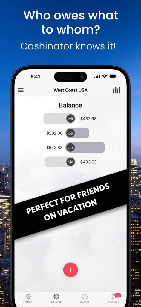 Cashinator - Split the bills - Tela do aplicativo Cashinator mostrando o saldo de despesas compartilhadas para uma viagem em grupo