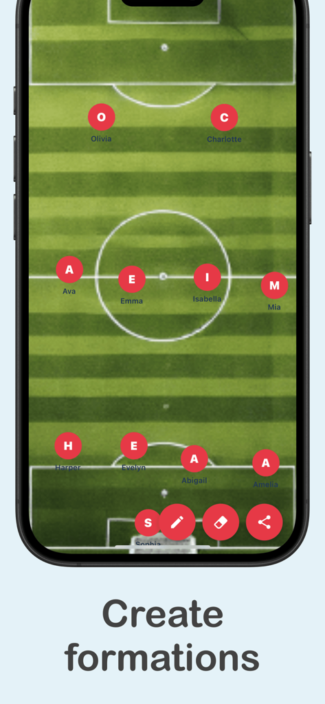 Football Formation - Digital soccer pitch showing a custom team formation with player names and tactical icons