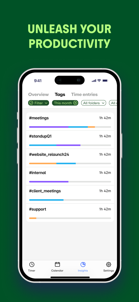 EARLY: Time Tracking - EARLY time tracking app insights screen showing a detailed time distribution report by project tags