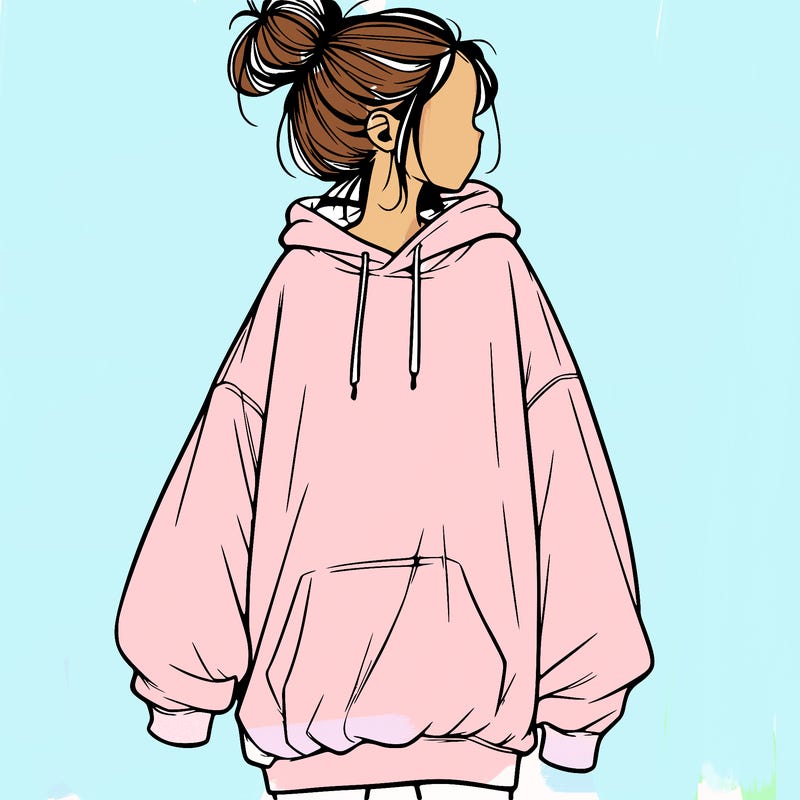 realistic girl with a oversized sweatshirt on and a bun