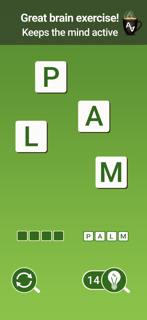 AnagrApp Cup word puzzle gameplay screen showing letters P A L M for brain exercise