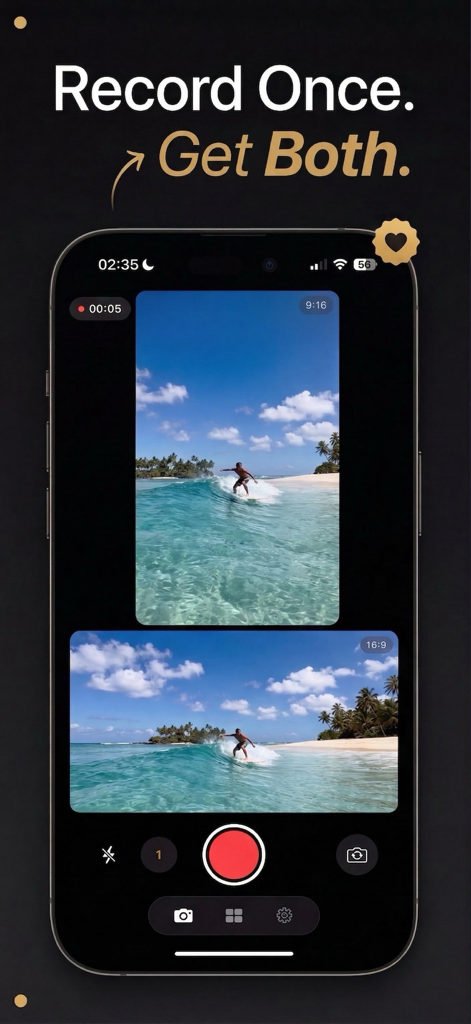 Dual Shot Camera: ReFrame - Smartphone screen showing ReFrame app recording a surfer in both vertical and horizontal aspect ratios simultaneously