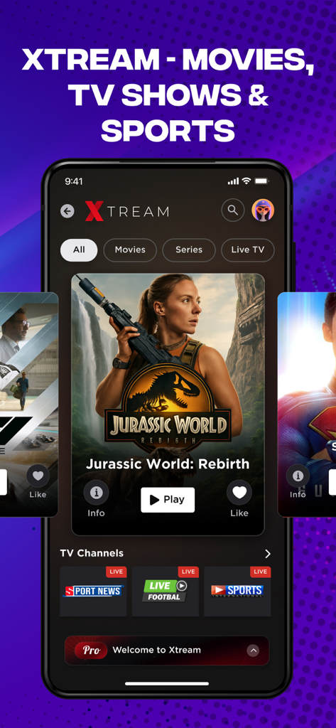 IPTV Smarters Player Lite interface displaying movies and live sports categories