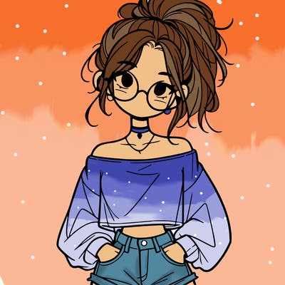 girl with a messy ponytail glasses a baggy crop top and jean shorts