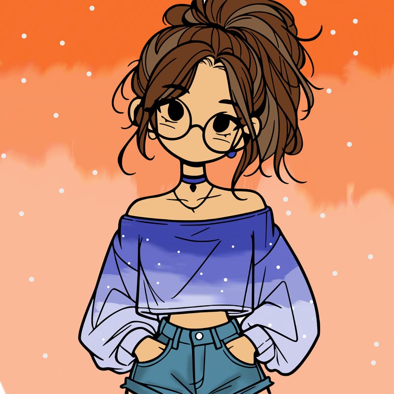 girl with a messy ponytail glasses a baggy crop top and jean shorts