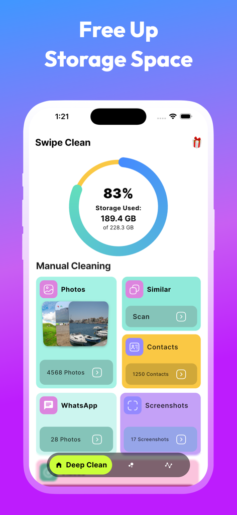 Swipe Cleaner: Clean Up Photos - Swipe Cleaner app interface showing a storage usage meter and manual cleaning categories for photos screenshots and contacts