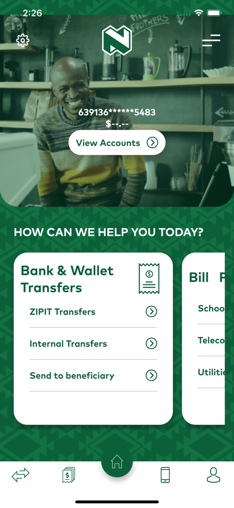 Nedbank Mobile Bankingアプリのホーム画面。銀行送金や請求書支払いオプションが表示されています。