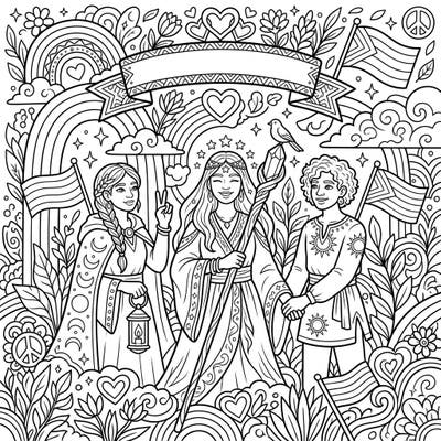 Discover our enchanting Oracles coloring page, a vibrant tribute to Pride Month. Immerse yourself in a scene where mystical figures celebrate love, diversity, and community with symbolic rainbows and flags.