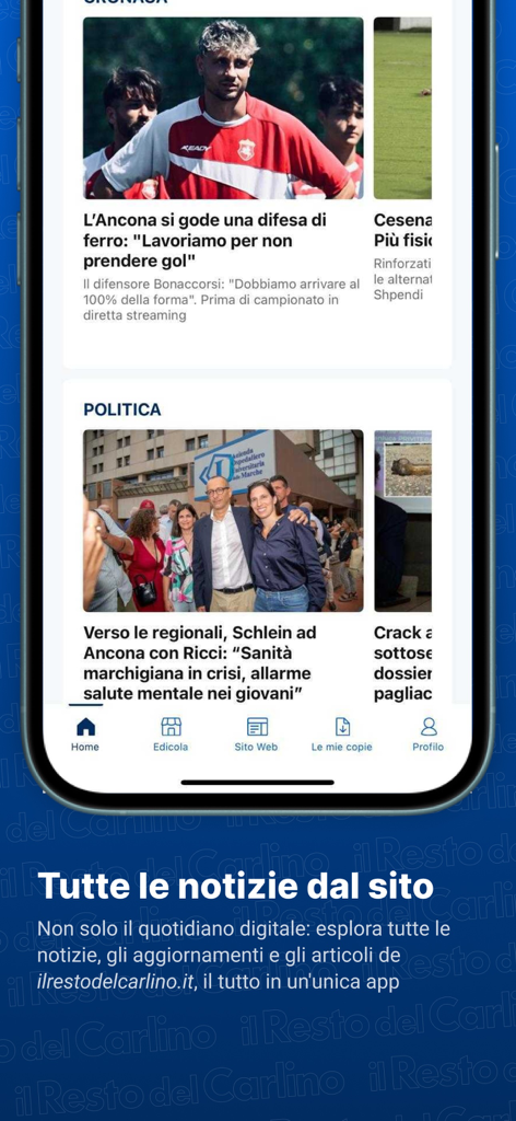 Interface do aplicativo móvel il Resto del Carlino mostrando notícias locais italianas e artigos políticos