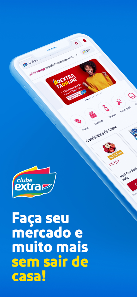 Clube Extra - 食料品のカテゴリーとパーソナライズされた製品特典が表示されたClube Extraアプリのインターフェースを示すスマートフォンの画面