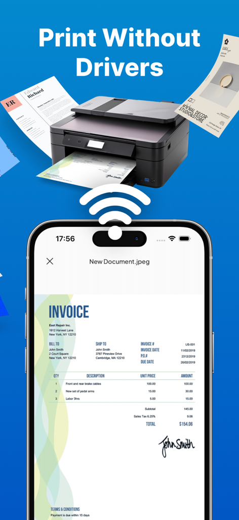 Smart Printer App: Scan Print - Um smartphone usando o App de Impressão Inteligente para imprimir sem fio uma fatura para uma impressora de desktop sem drivers