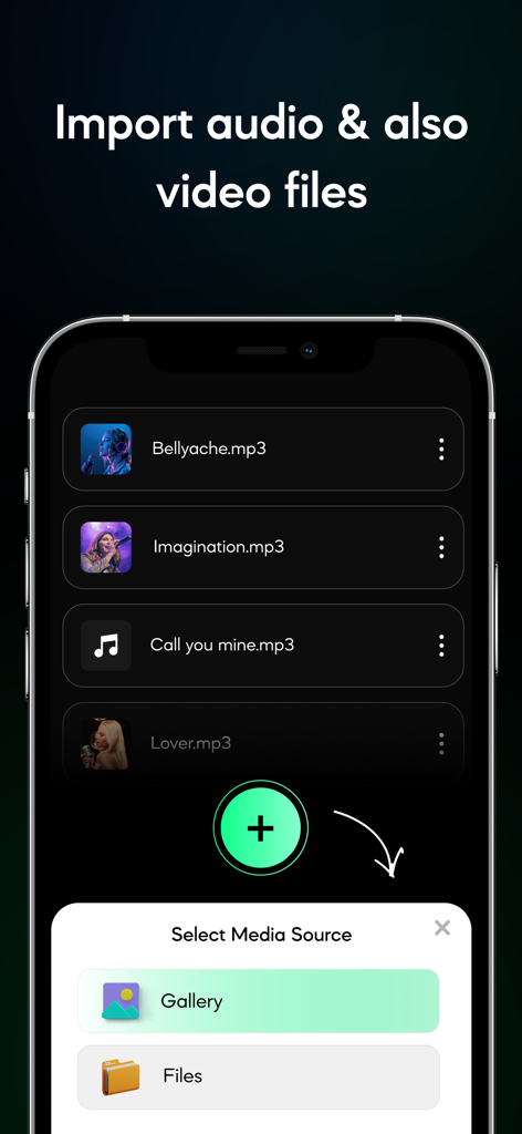 Vocal Remover Music - AI Vocy - Interface of the Vocal Remover Music app showing options to import audio and video files from gallery or system folders