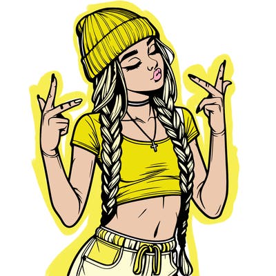 realistic teenage girl with braids and a beanie and crop top doing 🫶🏼
