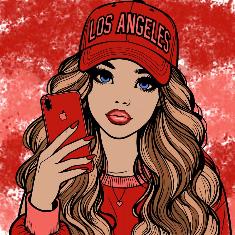 realistic beautiful girl wearing los ángeles cap holding an iphone