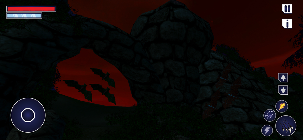 Screenshot di gioco di Vampire Flying Bat Simulator che mostra pipistrelli volare vicino a una struttura di pietra di notte con un cielo rosso.