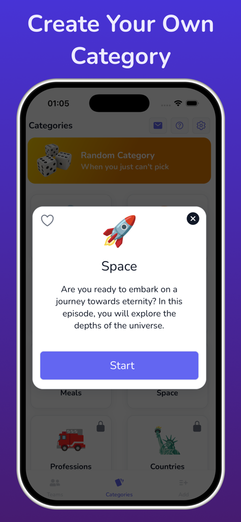 Charades: Headbands Party Game - Charades Headbands Party Game app interface showing the category selection screen and a Space category popup