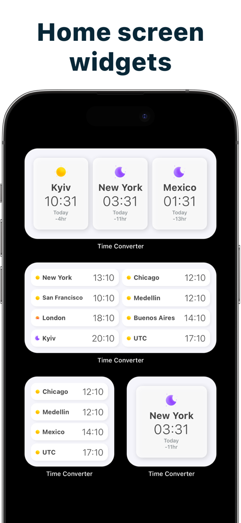 Home screen widgets of The Time Zone Converter app showing multiple city times on an iPhone.