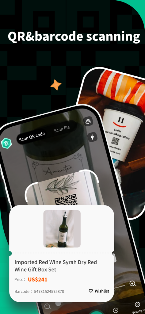 Interface of a QR scanner app showing product information and price after scanning a wine bottle label