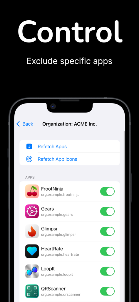Interface de l'application Connect Toolkit montrant une liste d'applications mobiles avec des interrupteurs pour les inclure ou les exclure du suivi.