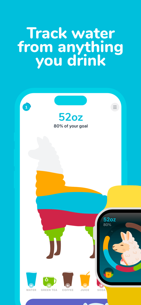 Waterllama app showing water and beverage tracking on iPhone and Apple Watch with a colorful llama character representing progress.
