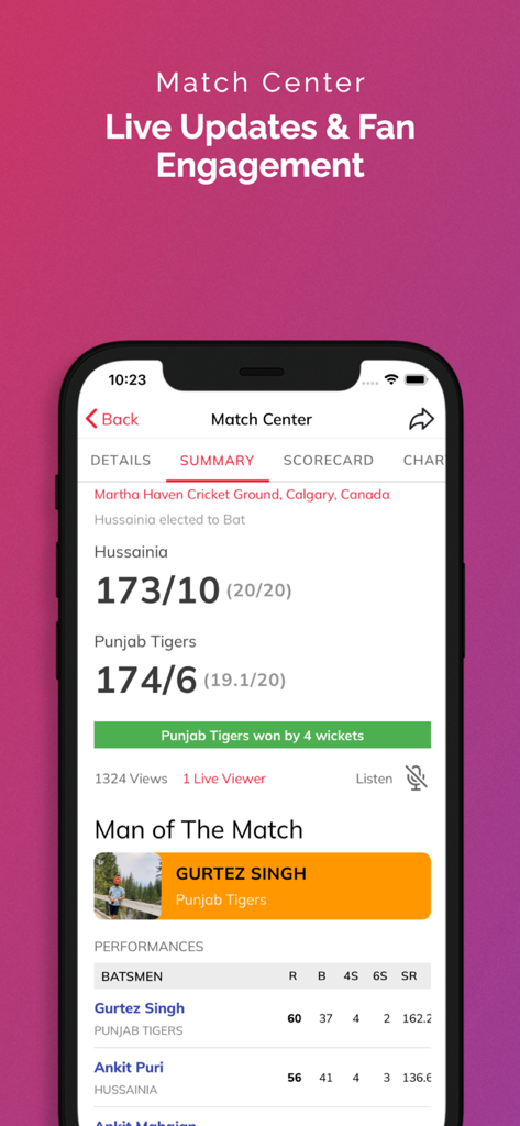 CrickPro - Cricket Scoring App - CrickPro app Match Center interface showing live cricket scores and man of the match stats