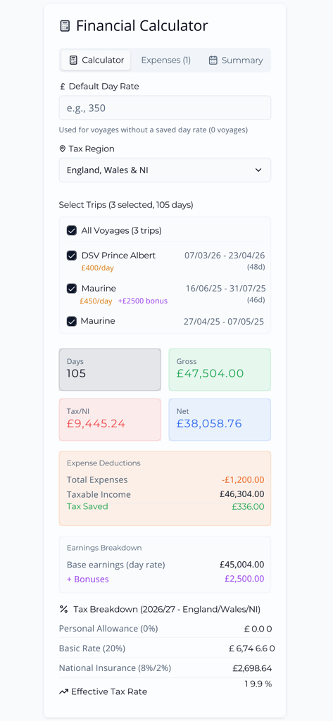 SeaDays - Seafarer Tracker - Financial calculator screen for seafarers showing gross and net income with tax breakdown