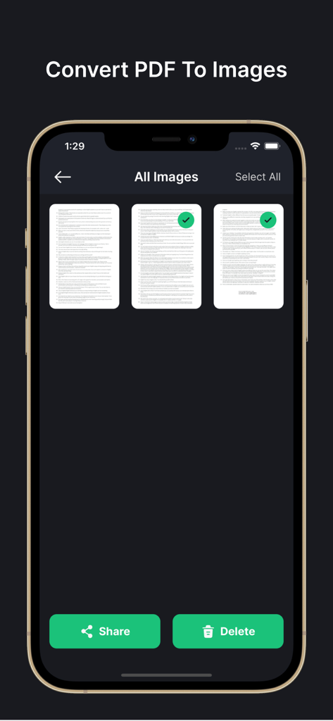 PDF Compressor: Size Reduce - iPhone app screen showing PDF pages converted into individual images with share and delete options