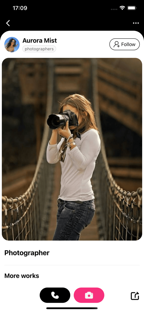 Tjgo - Video Chat，Adult Share - Una pantalla de perfil de usuario para un fotógrafo llamado Aurora Mist en la aplicación de descubrimiento social Tjgo.