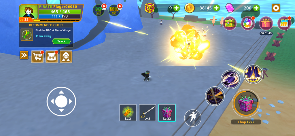 Pirate Devil - A 3D action scene from Pirate Devil featuring a character, a large explosion, and the game UI