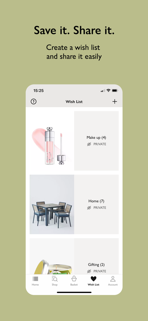 Ein mobiler Bildschirm, der die Wunschlistenfunktion der John Lewis und Partners App mit kuratierten Kategorien für Make-up, Wohnkultur und Geschenke zeigt.