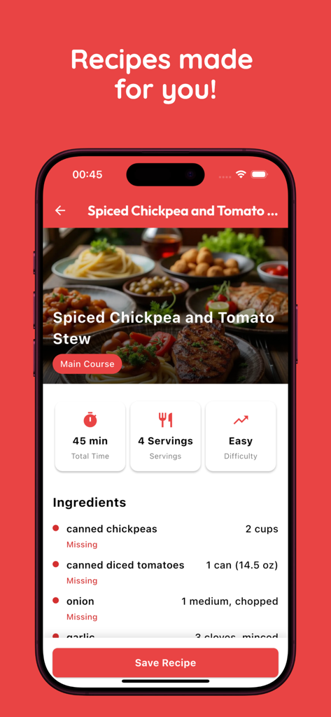 Tarif Ai - Ein mobiler Bildschirm aus der Tarif Ai App, der ein Rezept für Gewürz-Kichererbsen-Tomaten-Eintopf mit Kochzeit, Zutaten und Schwierigkeitsgrad zeigt