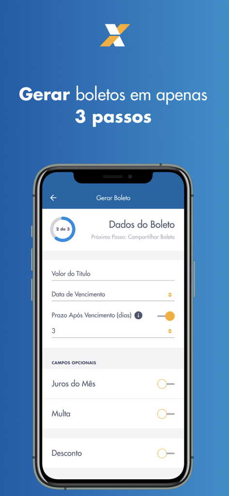 ECobrança CAIXA - Interface do aplicativo ECobrança CAIXA mostrando a segunda de três etapas para gerar um boleto de pagamento.