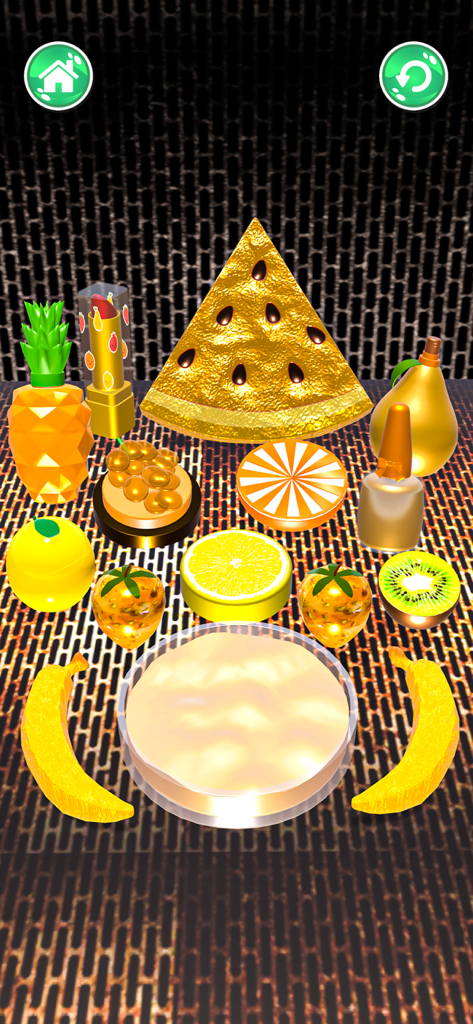 Slime Kit! ASMR Mixing Art - Virtual slime kit interface featuring golden fruits and beauty products for ASMR mixing