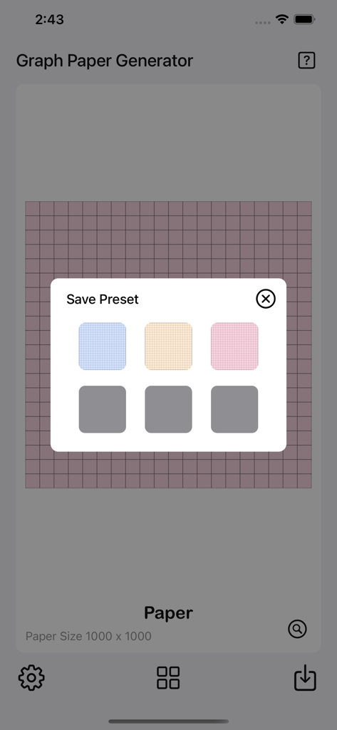 Graph Paper Gen - Graph Paper Gen app showing the save preset menu with six custom grid layout slots