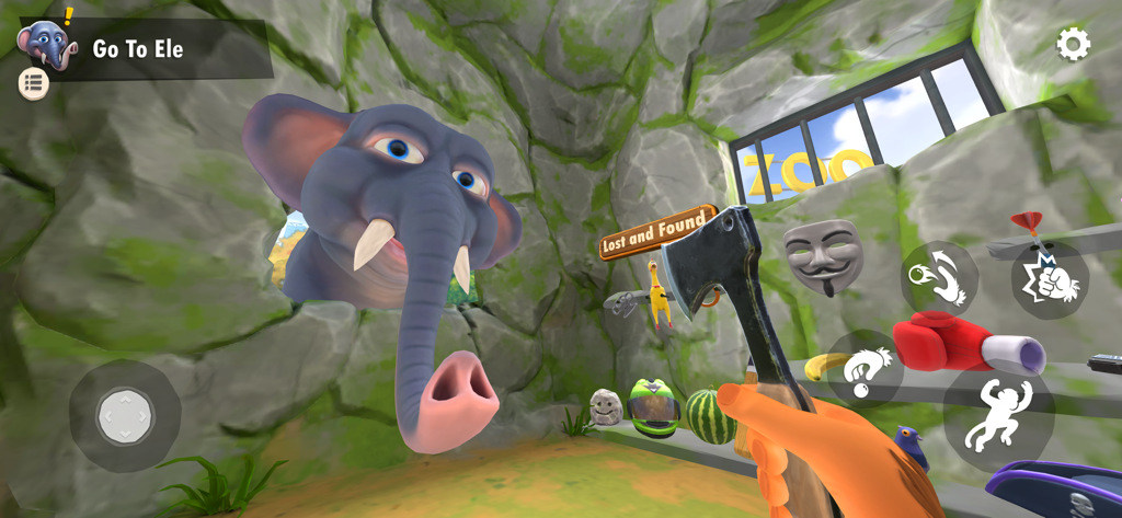 I Am Monkey - original game - First-person perspective of a monkey holding an axe in a zoo enclosure with an elephant peeking through a wall